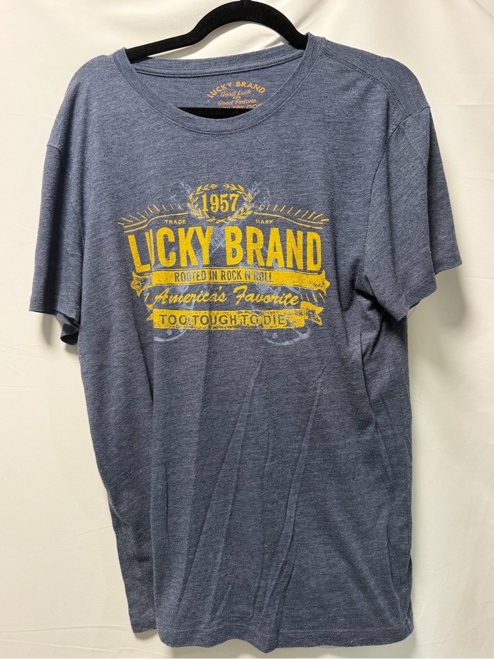 Lucky Brand Men’s Heather Blue Short-Sleeve Tee with Yellow Graphic